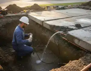a plumbing technician using electronic detection equipment to locate and perform a slab leak repair under a concrete driveway
