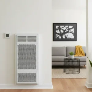 sleek and white wall furnace in a modern living room next to a digital thermostat